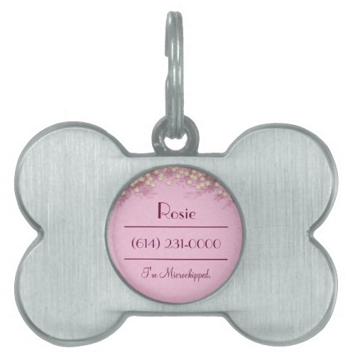 Girly Pink Floral Personalized Silver Pet ID Tag