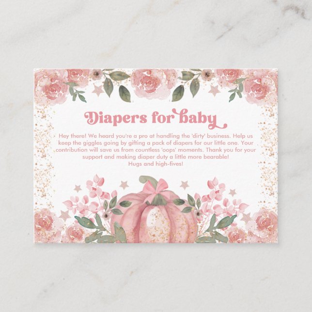 Girly Pink Floral Pumpkin Diapers For Baby Shower Enclosure Card (Front)