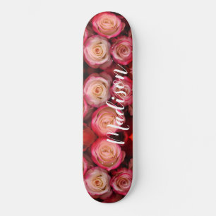 Girly Pink Floral Roses Personalized Name Skateboard
