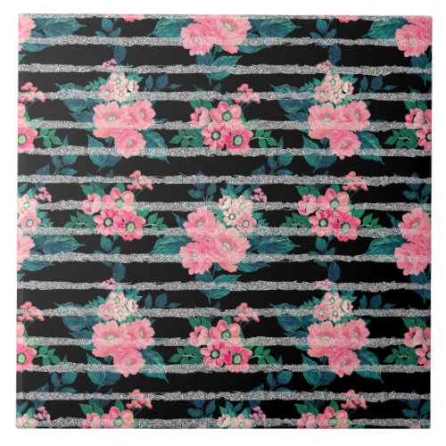 Girly Pink Floral  Silver Glitter Stripes Black Ceramic Tile