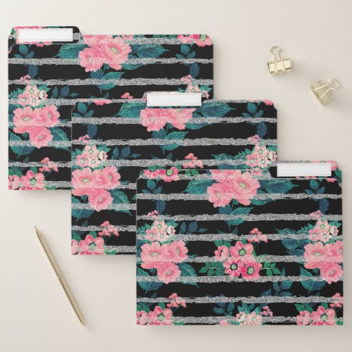 Girly Pink Floral  Silver Glitter Stripes Black File Folder