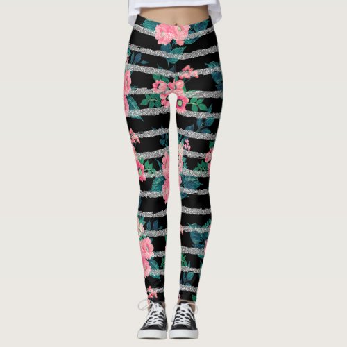 Girly Pink Floral  Silver Glitter Stripes Black Leggings