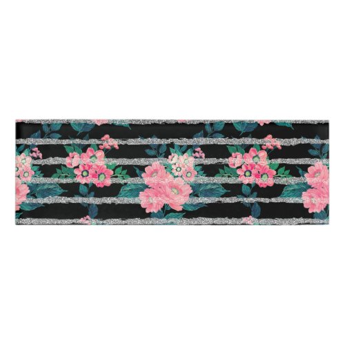 Girly Pink Floral  Silver Glitter Stripes Black Name Tag