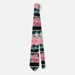 Girly Pink Floral & Silver Glitter Stripes Black Neck Tie