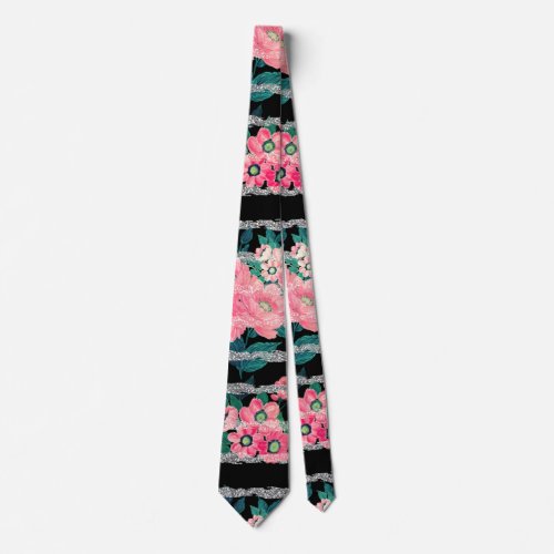 Girly Pink Floral  Silver Glitter Stripes Black Neck Tie