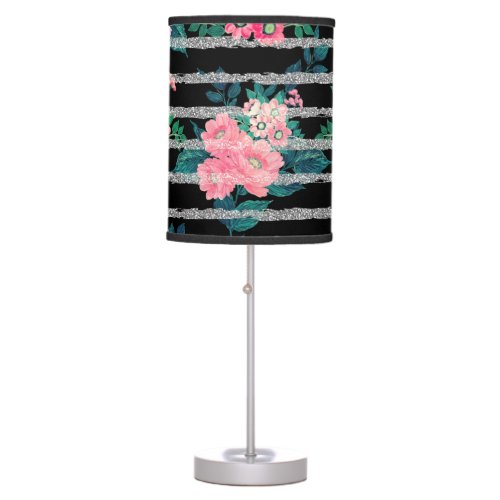 Girly Pink Floral  Silver Glitter Stripes Black Table Lamp