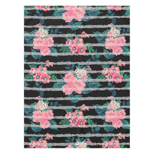 Girly Pink Floral  Silver Glitter Stripes Black Tablecloth