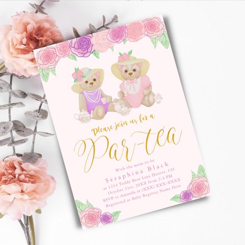 Girly Pink Floral Teddy Bear Tea Party Baby Shower Invitation