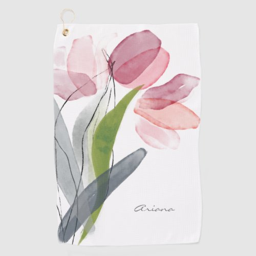 Girly Pink Floral Tulips Leaves White Golf Towel