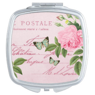 Girly pink floral vintage compact mirror w/ rose