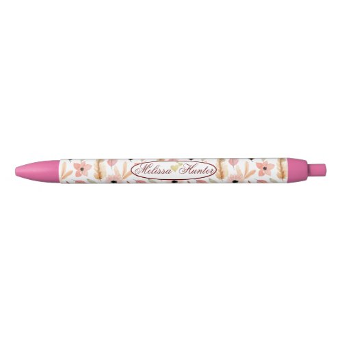 Girly Pink Floral Watercolor Pattern Name Script  Black Ink Pen