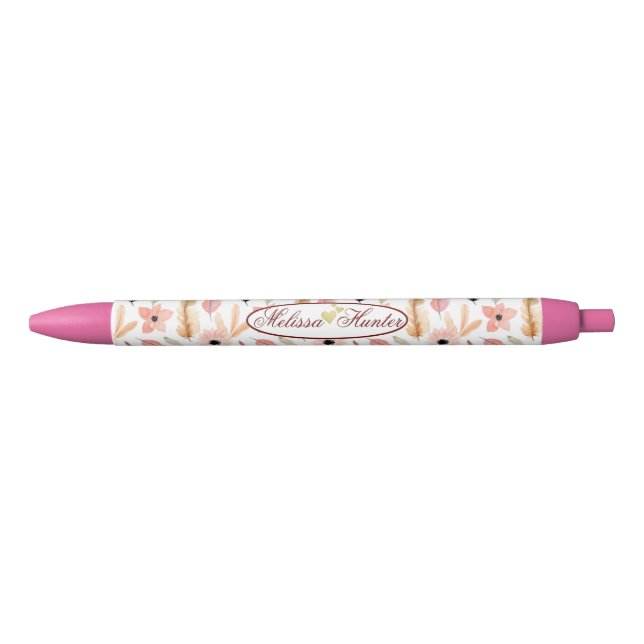 Girly Pink Floral Watercolor Pattern Name Script  Black Ink Pen (Front)