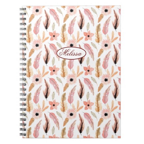 Girly Pink Floral Watercolor Pattern Name Script Notebook