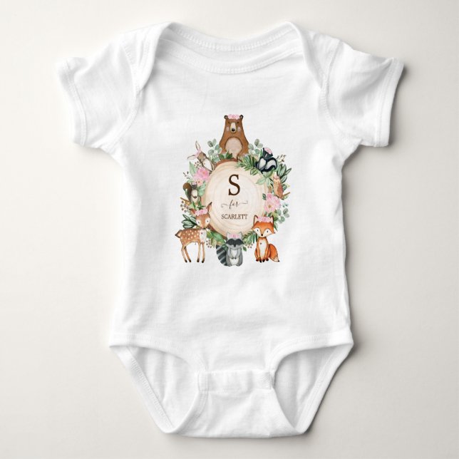Girly Pink Floral Woodland Animals Custom Monogram Baby Bodysuit (Front)