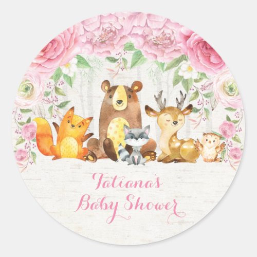 Girly Pink Floral Woodland Baby Animals Thank You Classic Round Sticker