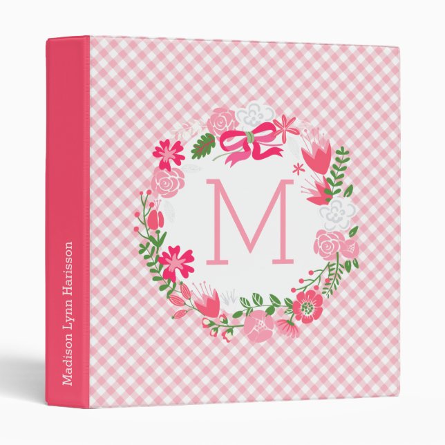 Girly Pink Floral Wreath Personalized Monogram 3 Ring Binder (Front/Spine)