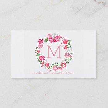 Girly Pink Floral Wreath Personalized Monogram Business Card by Jujulili at Zazzle