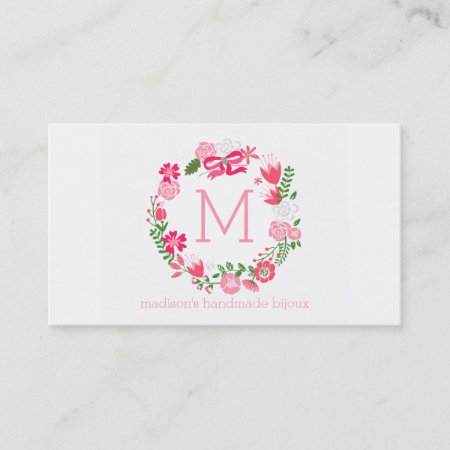 Girly Pink Floral Wreath Personalized Monogram Business Card