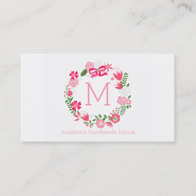 Girly Pink Floral Wreath Personalized Monogram Business Card (Front)
