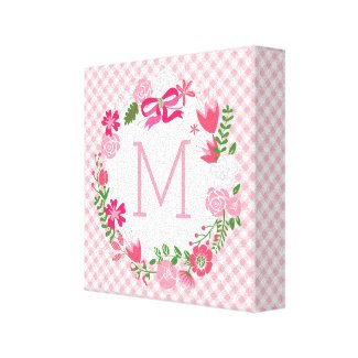 Girly Pink Floral Wreath Personalized Monogram Canvas Print