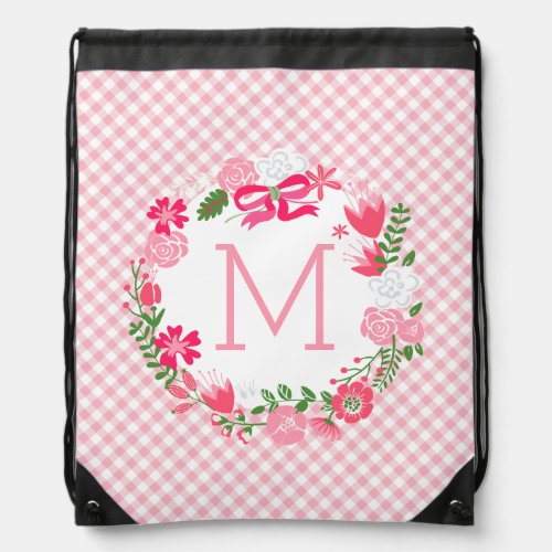 Girly Pink Floral Wreath Personalized Monogram Drawstring Bag