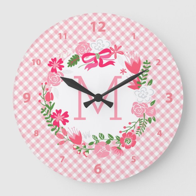 Girly Pink Floral Wreath Personalized Monogram Large Clock (Front)