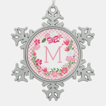Girly Pink Floral Wreath Personalized Monogram Snowflake Pewter Christmas Ornament by Jujulili at Zazzle