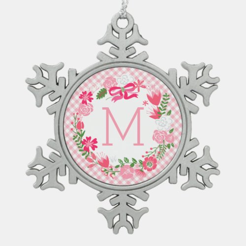 Girly Pink Floral Wreath Personalized Monogram Snowflake Pewter Christmas Ornament