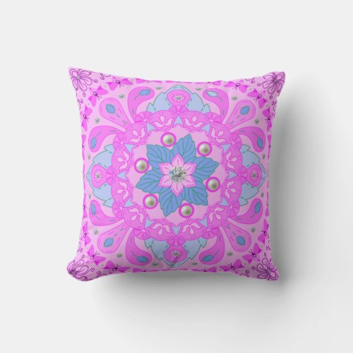 Girly Pink Flower Butterfly Original Mandala Art Throw Pillow