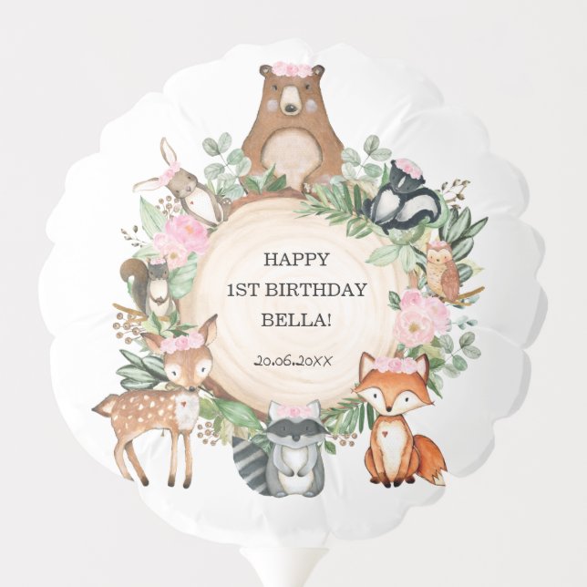 Girly Pink Flower Woodland Animals Baby Birthday Balloon (Back)