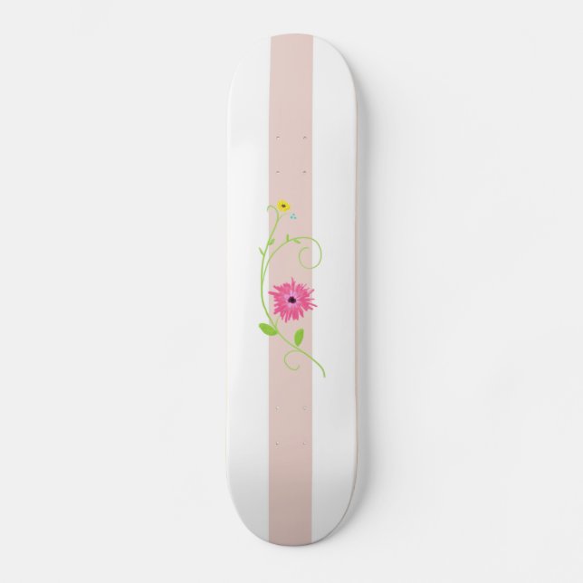 Girly Pink Flowers And Stripes Skateboard (Front)