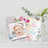 Girly pink flowers floral & wood invitation (Standing Front)