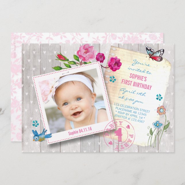 Girly pink flowers floral & wood invitation (Front/Back)