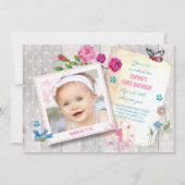 Girly pink flowers floral & wood invitation (Front)