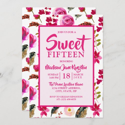 Girly Pink Flowers Pretty Sweet 15 Invitation