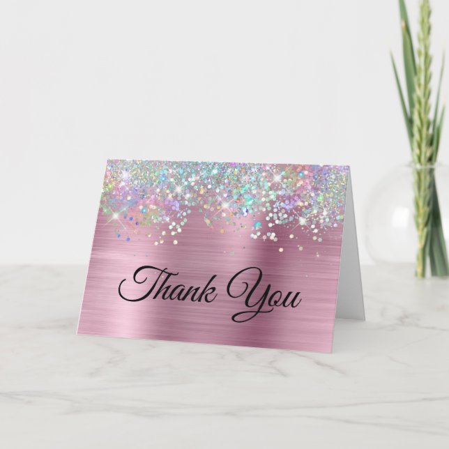 Girly Pink Foil Holo Glitter Thank You Card (Front)