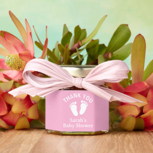 Girly pink foorprint logo baby shower party honey jar favors