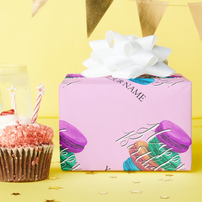 Girly pink French macaron cookies custom Birthday Wrapping Paper (Birthday Party)