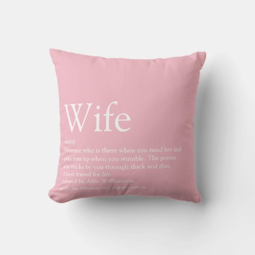 Girly Pink Fun Typographic Modern Wife Definition  Throw Pillow