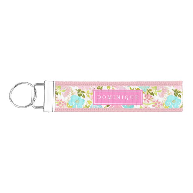 Girly Pink Garden Pattern Personalized Wrist Keychain (Keys on Left)