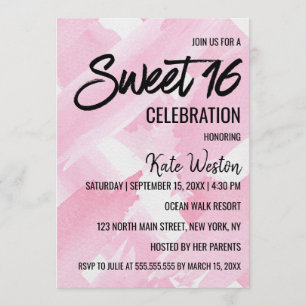 Girly Pink Giant Watercolor Brushstrokes Sweet 16 Invitation