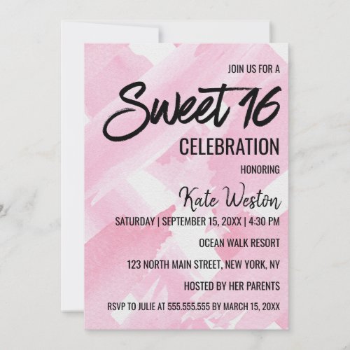 Girly Pink Giant Watercolor Brushstrokes Sweet 16 Invitation