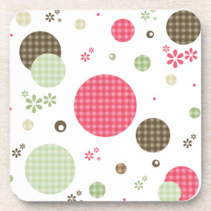 Girly Pink Gingham Pattern Circles Cute Daisies Beverage Coaster