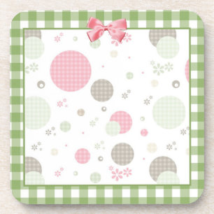 Girly Pink Gingham Pattern Circles Cute Daisies Drink Coaster