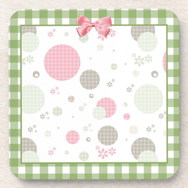 Girly Pink Gingham Pattern Circles Cute Daisies Drink Coaster (Front)