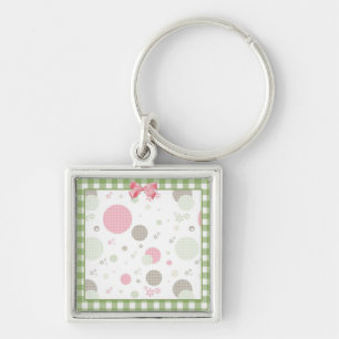 Girly Pink Gingham Pattern Circles Cute Daisies Keychain