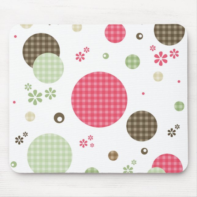 Girly Pink Gingham Pattern Circles Cute Daisies Mouse Pad (Front)