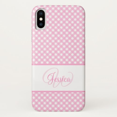 Girly Pink Gingham Pattern Name and Initial iPhone X Case