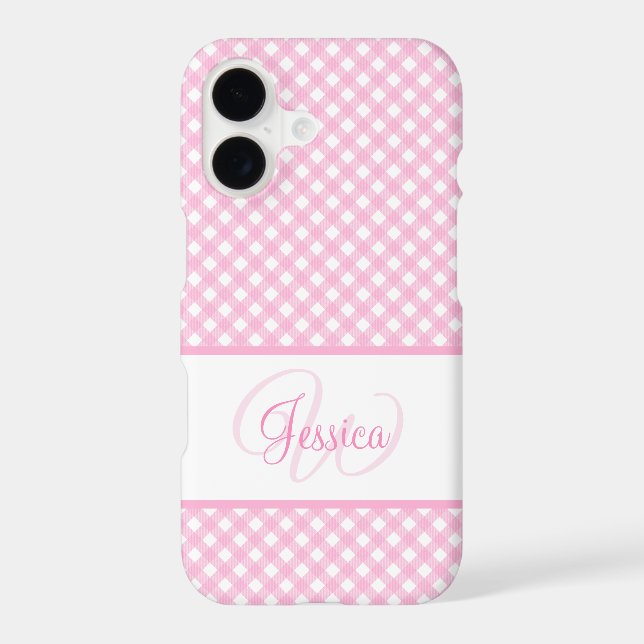 Girly Pink Gingham Pattern Name and Initial Case-Mate iPhone Case (Back)