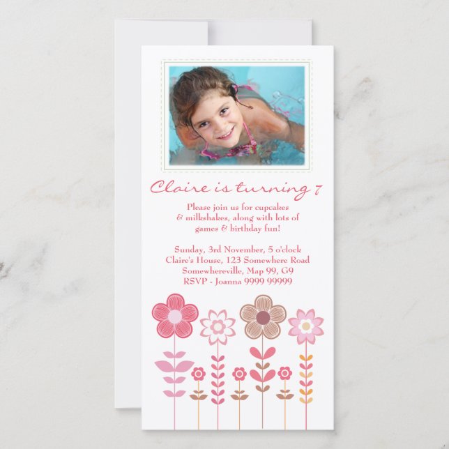Girly Pink Girls Birthday Photo Card Template (Front)